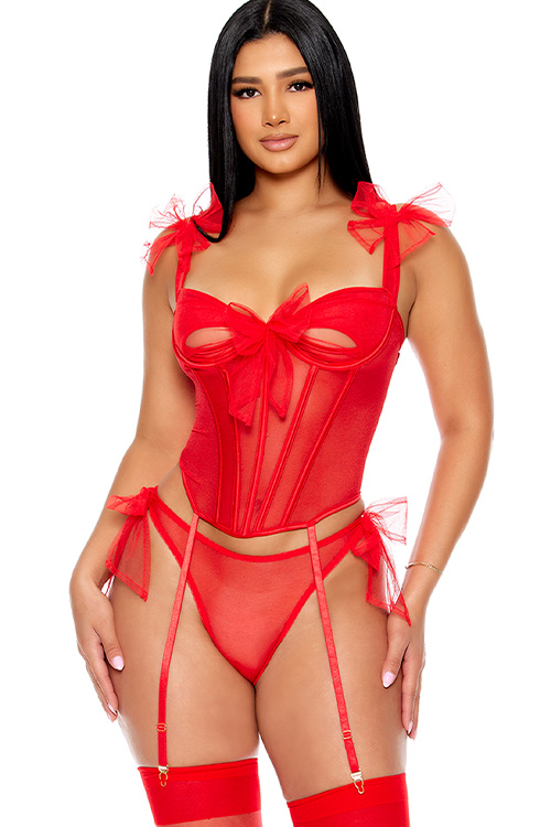 Unwrap Me 2 Piece Red Bow Bustier Set with Garters & Panty