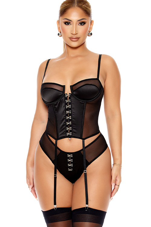 Hooked On You 2 Piece Black Bustier Set with Garters & Panty