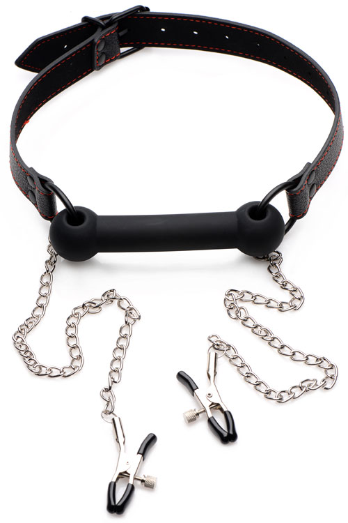 Silicone Bit Gag & Attached Nipple Clamps
