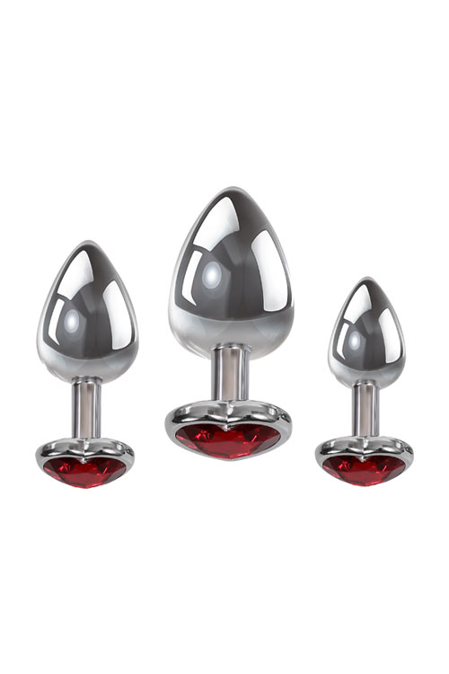 Adam and Eve Metal Butt Plug Set with Red Heart-Shaped Gem Base (3 Pce)