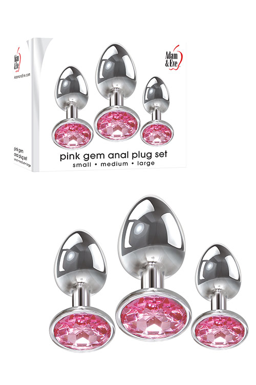 Adam and Eve Metal Butt Plug Set with Pink Gem Base (3 Pce)