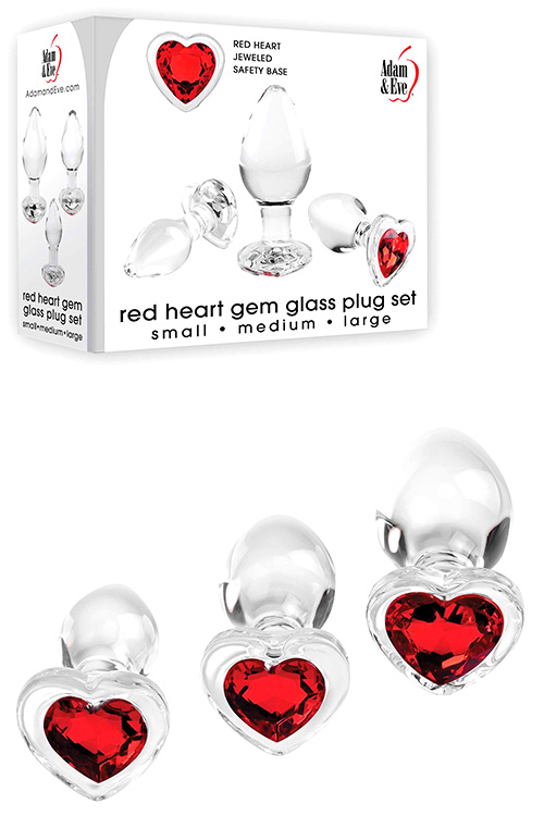 Adam and Eve Red Heart 3 Piece Glass Butt Plug Set with Gemstone Base