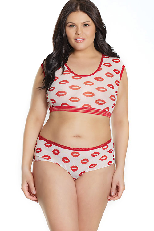 Coquette Kiss Away Lip Print Crop Top with Booty Short