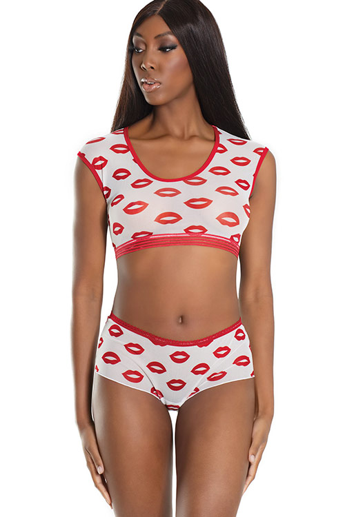 Kiss Away Lip Print Crop Top with Booty Short