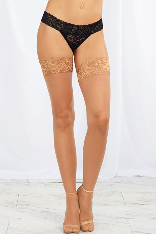 Sheer Nude Hold-Up Thigh Highs with Lace Tops