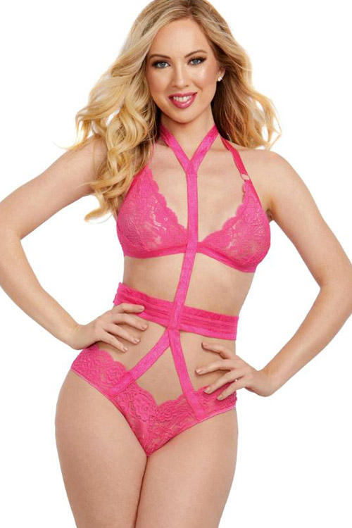 Dreamgirl Mistress 2 Piece Pink Lace Bralette Set with Harness Panty