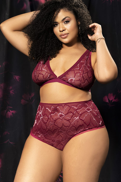 Mapale by Espiral Shine On Burgundy Floral Lace & Mesh Bra with High-Waist Panty