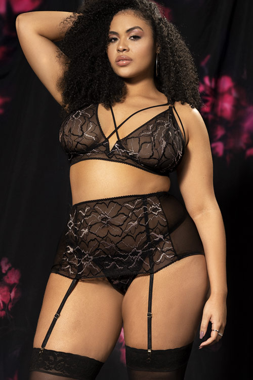 Mapale by Espiral Shine On Black Floral Lace & Mesh Bra with Garter Belt & Thong