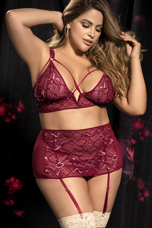 Mapale by Espiral Shine On Burgundy Floral Lace & Mesh Bra with Garter Belt & Thong
