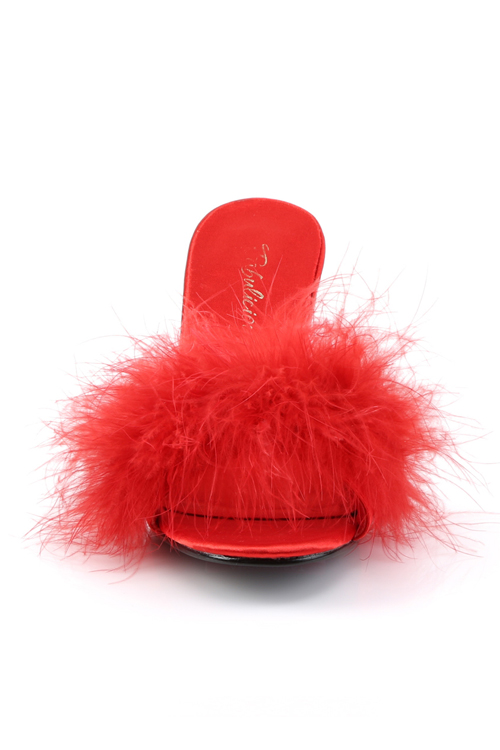Fabulicious by Pleaser Amour 3&quot; Heel Red Marabou Puff Slippers