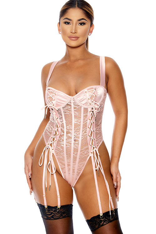Forplay Lovebound Pink Lace Corset Teddy with Garters