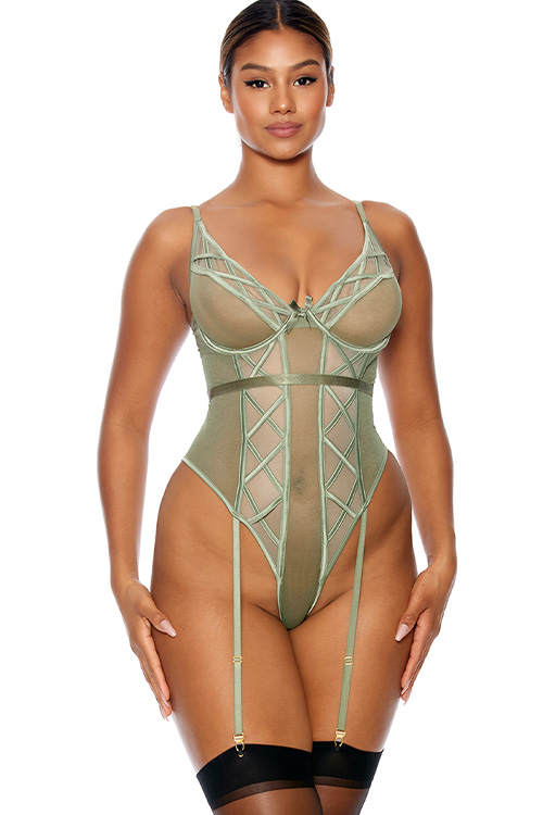 Forplay Star Crossed Sage Green Mesh Teddy with Waist Belt & Attached Garters
