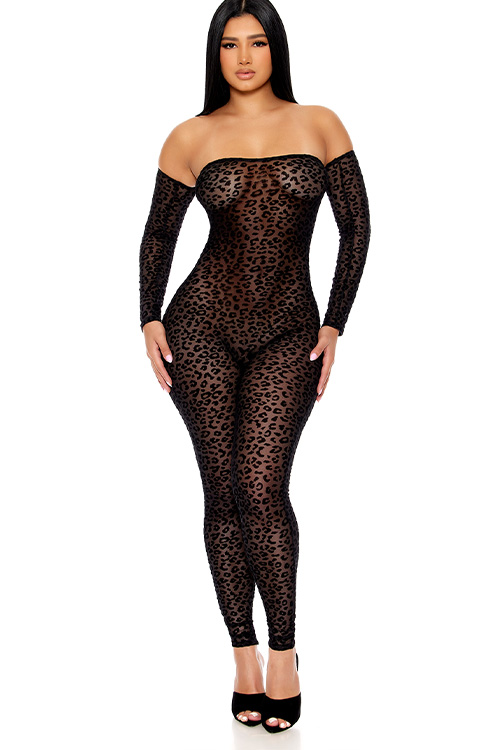 Spot On Velvet Long Sleeve Leopard Print Jumpsuit