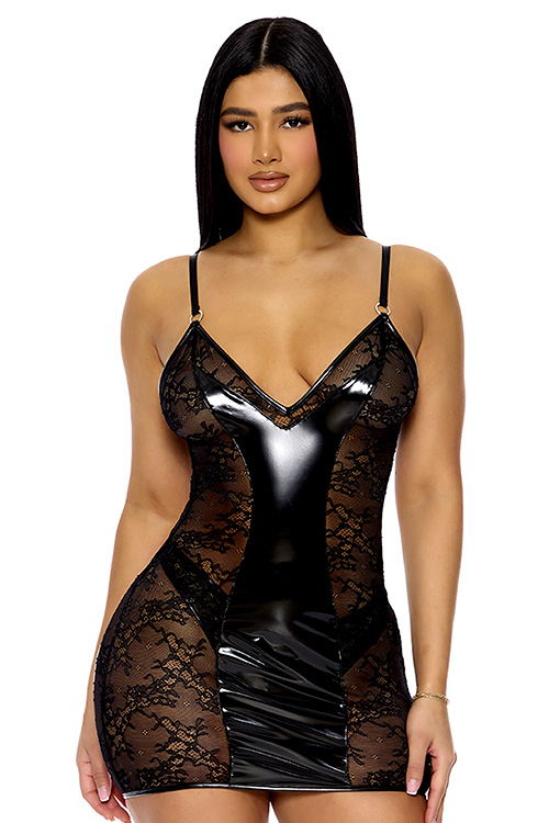 Forplay Perfect Pair 2 Piece Vinyl & Lace Chemise Set with Panty