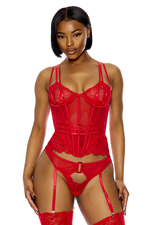 Glamazon 2 Piece Floral Lace Bustier Set with Garters & Panty