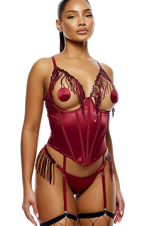 Forplay Peep Show 3 Piece Satin Bustier Set with Panty & Nipple Pasties