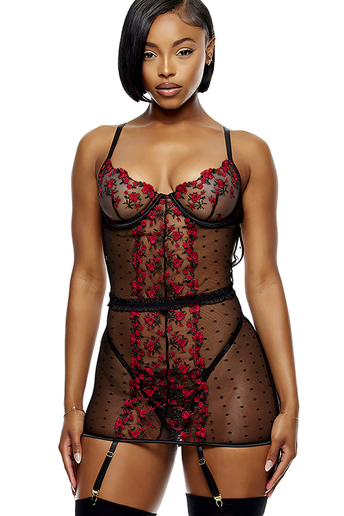 Forplay Bed of Roses 3 Piece Embroidered Chemise Set with Garter Belt and Panty