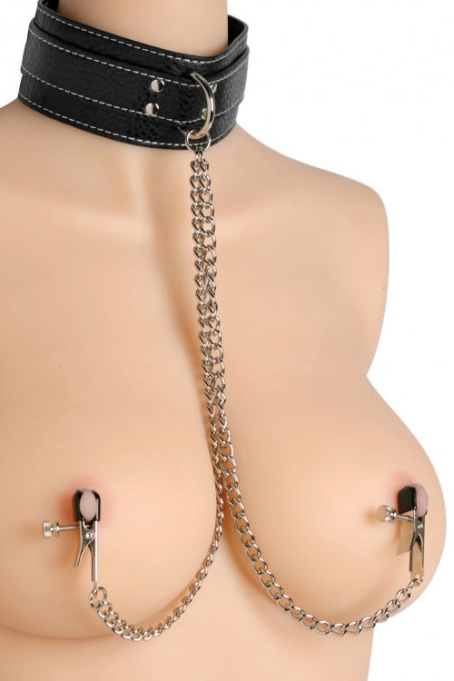 Leather Bondage Collar with Nipple Clamps