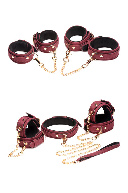 6 Piece Velvet Touch Suede Bondage Set with Cuffs, Collar, & Leash