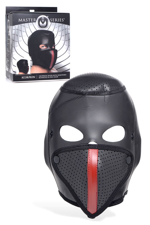 Master Series Scorpion Neoprene Bondage Hood with Removable Blindfold & Face Mask