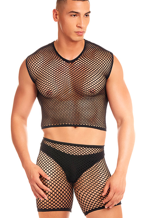 Pink Lipstick Muscle Flex 3 Piece Black Mesh Brief Set with Tank Top & Shorts