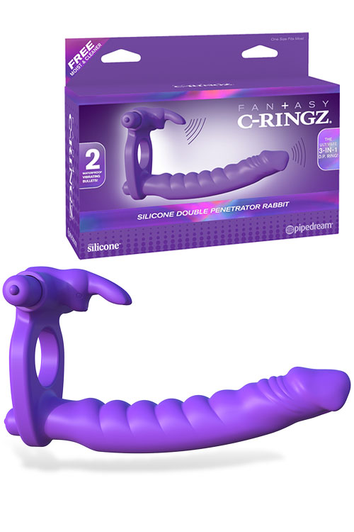 Vibrating Double Penetration Silicone Cock Ring with Rabbit Ears