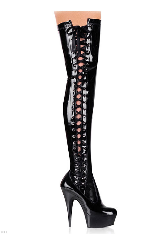 6” Heel Black Patent Thigh High Boots
