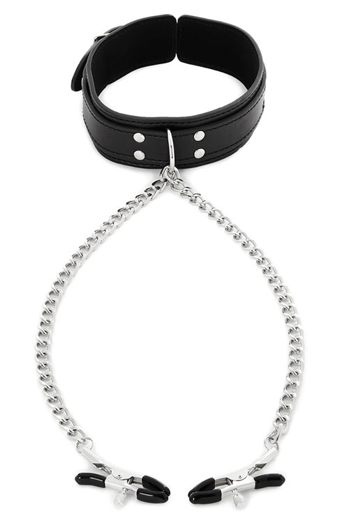 Vegan Leather Collar with Chained Nipple Clamps