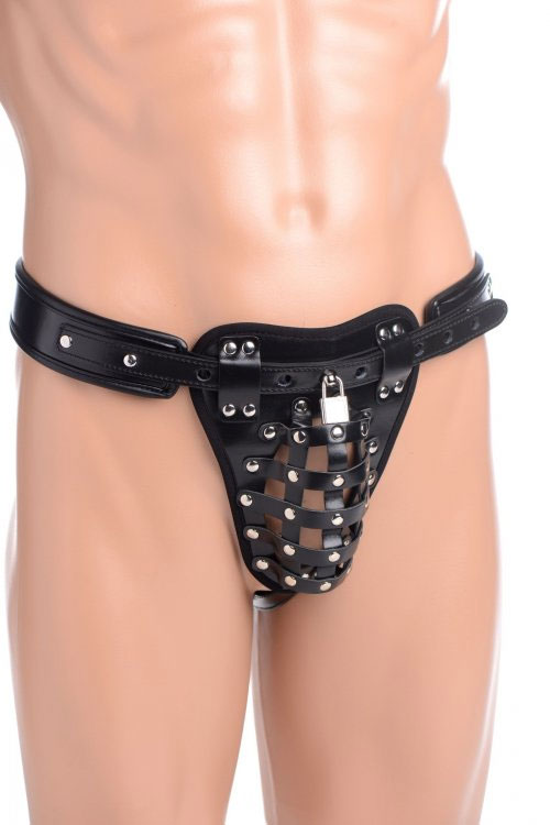 Strict Faux Leather & Metal Netted Male Chastity Jock