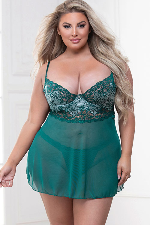 Seven Til Midnight Molten Lave Metallic Green Lace Babydoll with G-String
