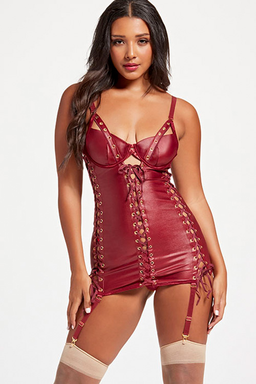 Riveting 2 Piece Red Vegan Leather Chemise Set with G String