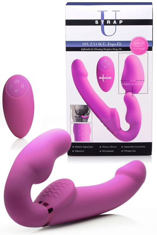 Inflatable Vibrating 9.5" Silicone Strapless Strap On With Remote