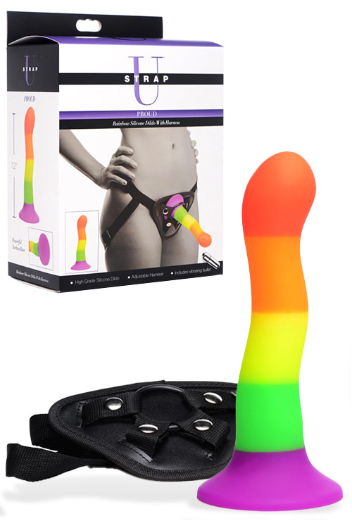Strap U Pride Rainbow Silicone Dildo with Harness & Vibrating Bullet